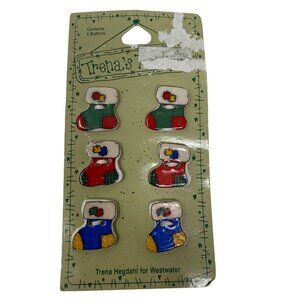 6 Trena's Trinkets Christmas Stocking Buttons Folksy Craft Novelty Vintage 90s